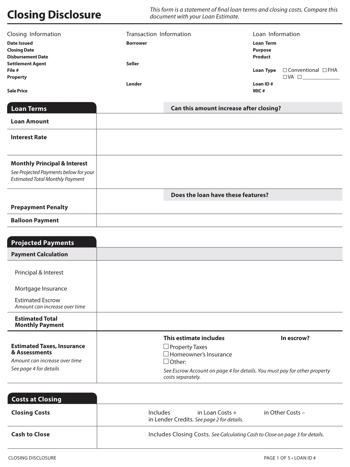 Blank Closing Disclosure form, page 1