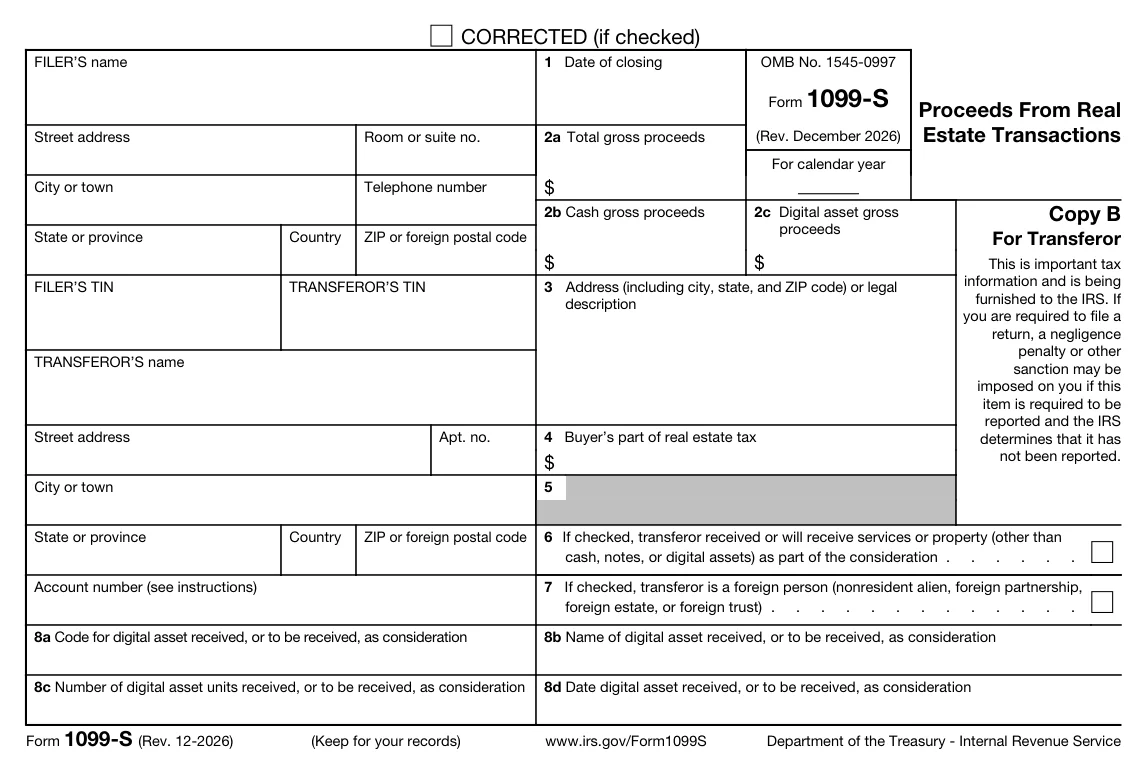 IRS Form 1099-S, Proceeds From Real Estate Transactions (Copy B for the transferor)