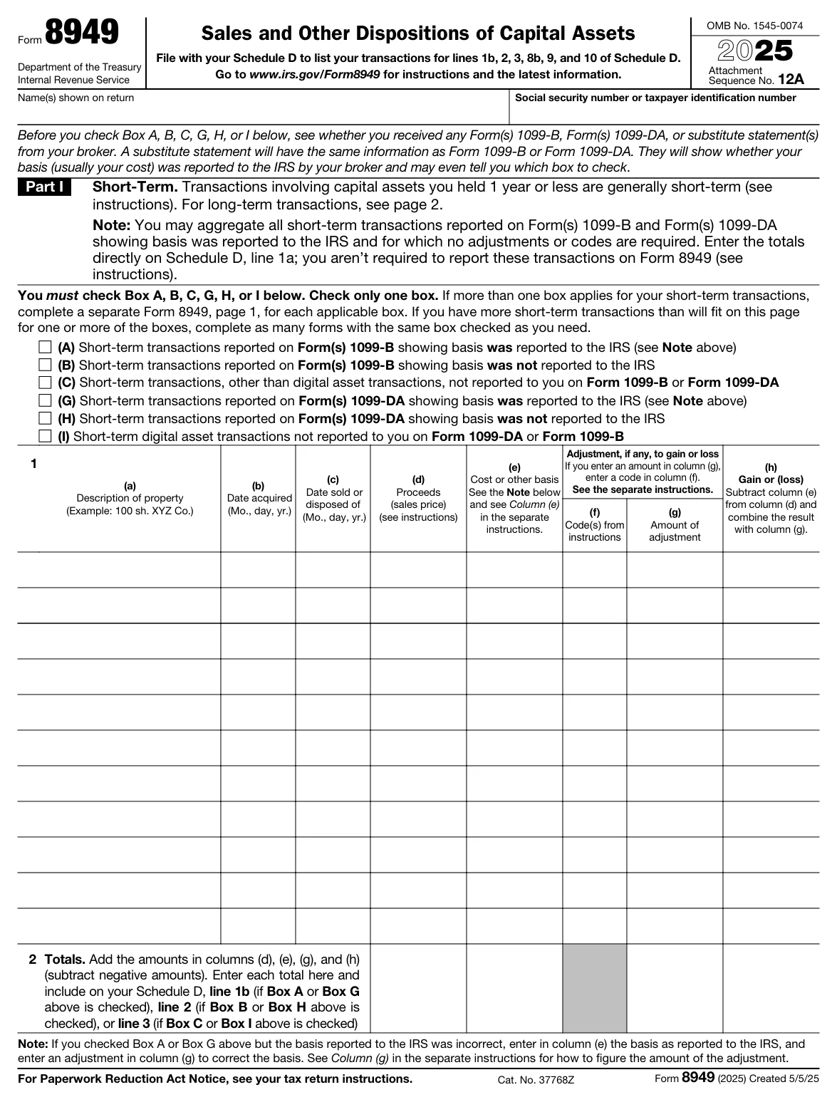 IRS Form 8949, Sales and Other Dispositions of Capital Assets