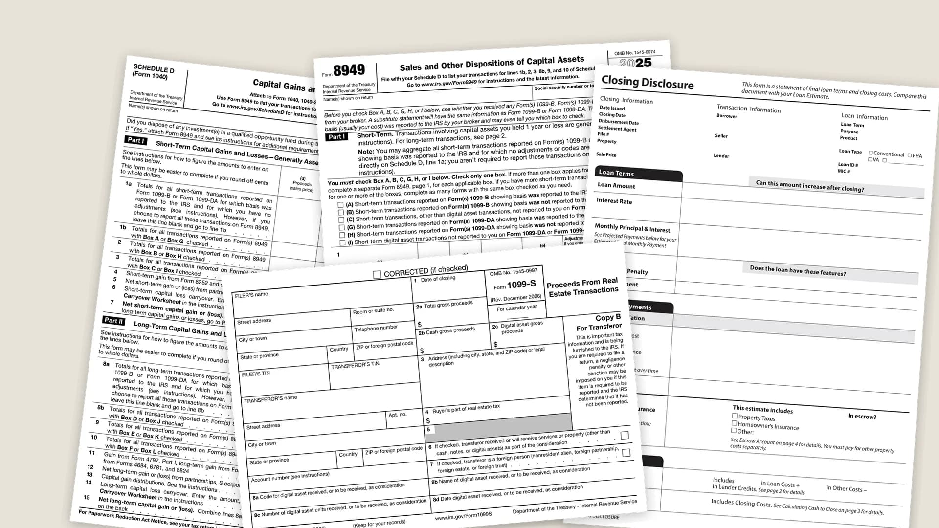 IRS Form 1099-S, Form 8949, Schedule D, and a Closing Disclosure