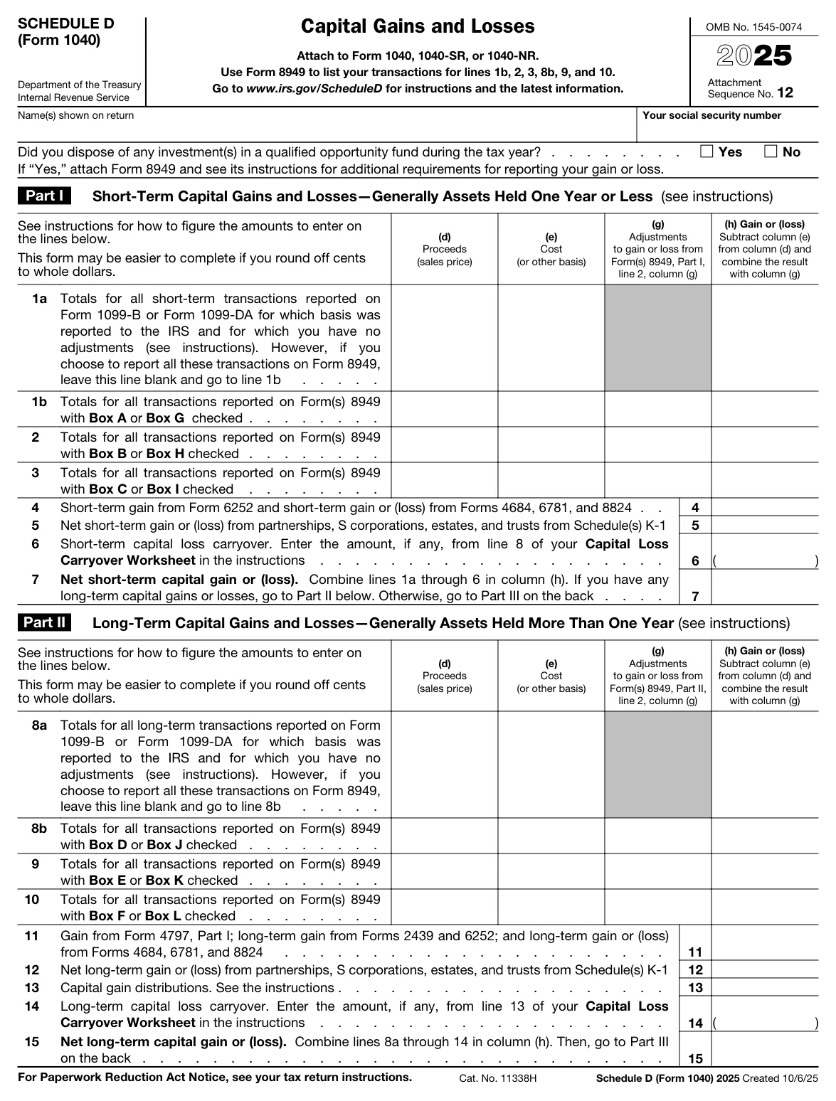 IRS Schedule D (Form 1040), Capital Gains and Losses
